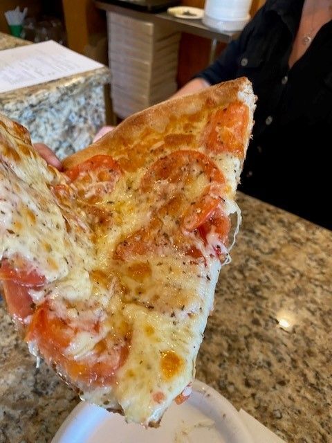 A person is holding a slice of pizza in their hand