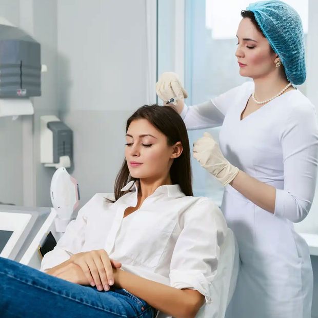Beauty clinic treatment with a client reclining while a practitioner applies a procedure with gloved hands