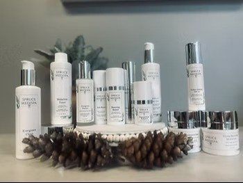 White cosmetic bottles and jars arranged with pine cones on a table in a bright room