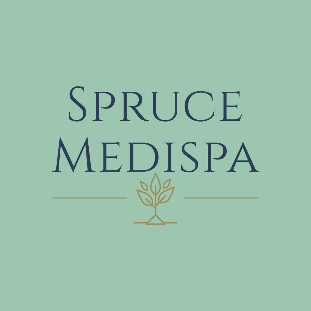 Spruce Medispa logo with navy text and gold leaf icon on a pale mint background