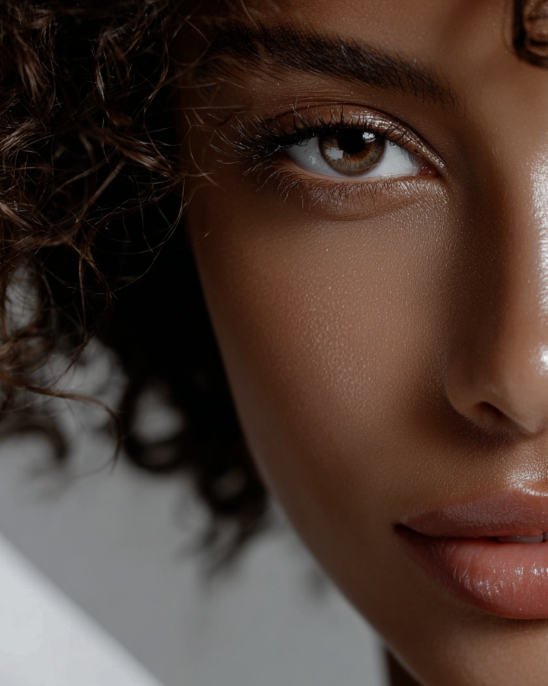 A person looking in a mirror and pointing to a small area of redness on their cheek.
