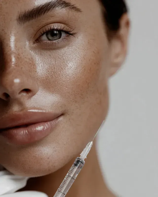 A person touching their face, highlighting skincare with a gentle expression against a light blue background.