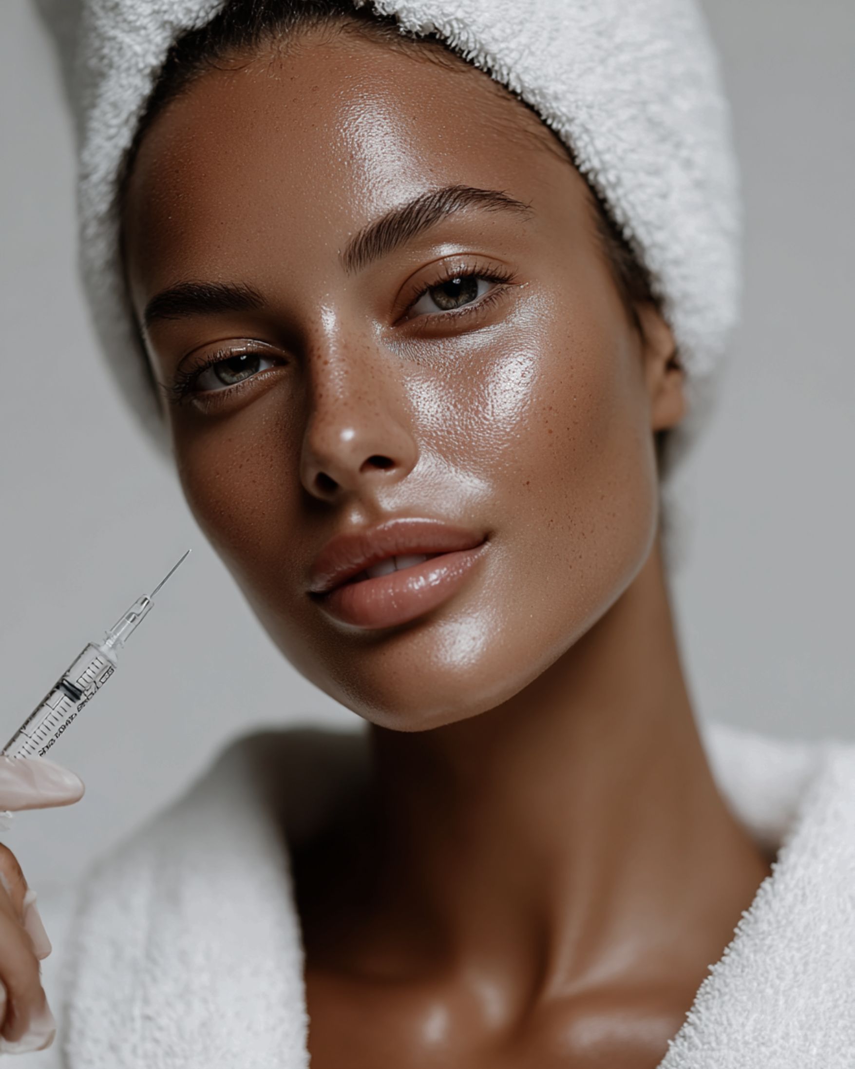 Woman in a white towel applying a facial serum with a dropper, skin glowing in soft light.