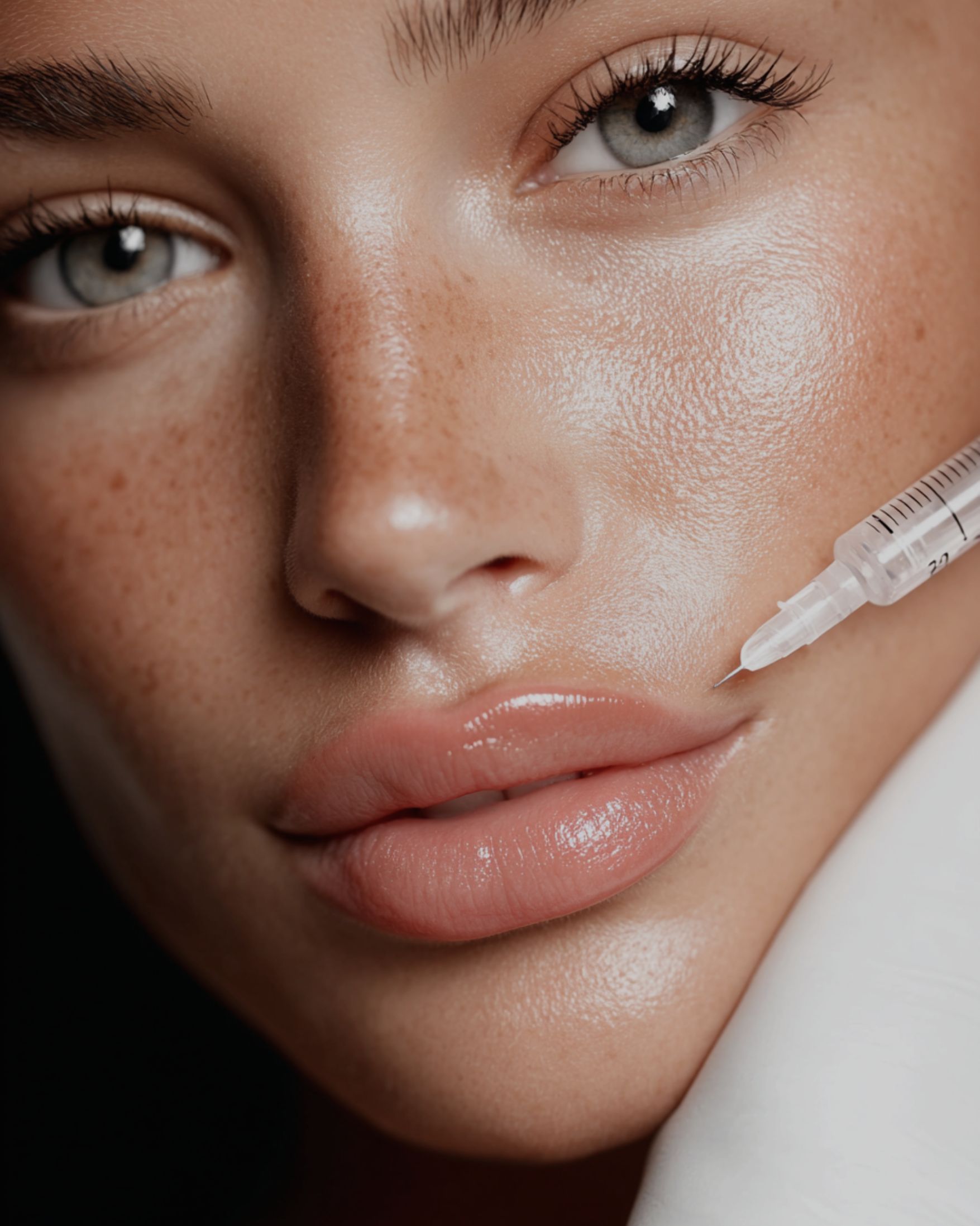 Close-up of a face with glossy skin as a syringe applies a cosmetic injection to the cheek