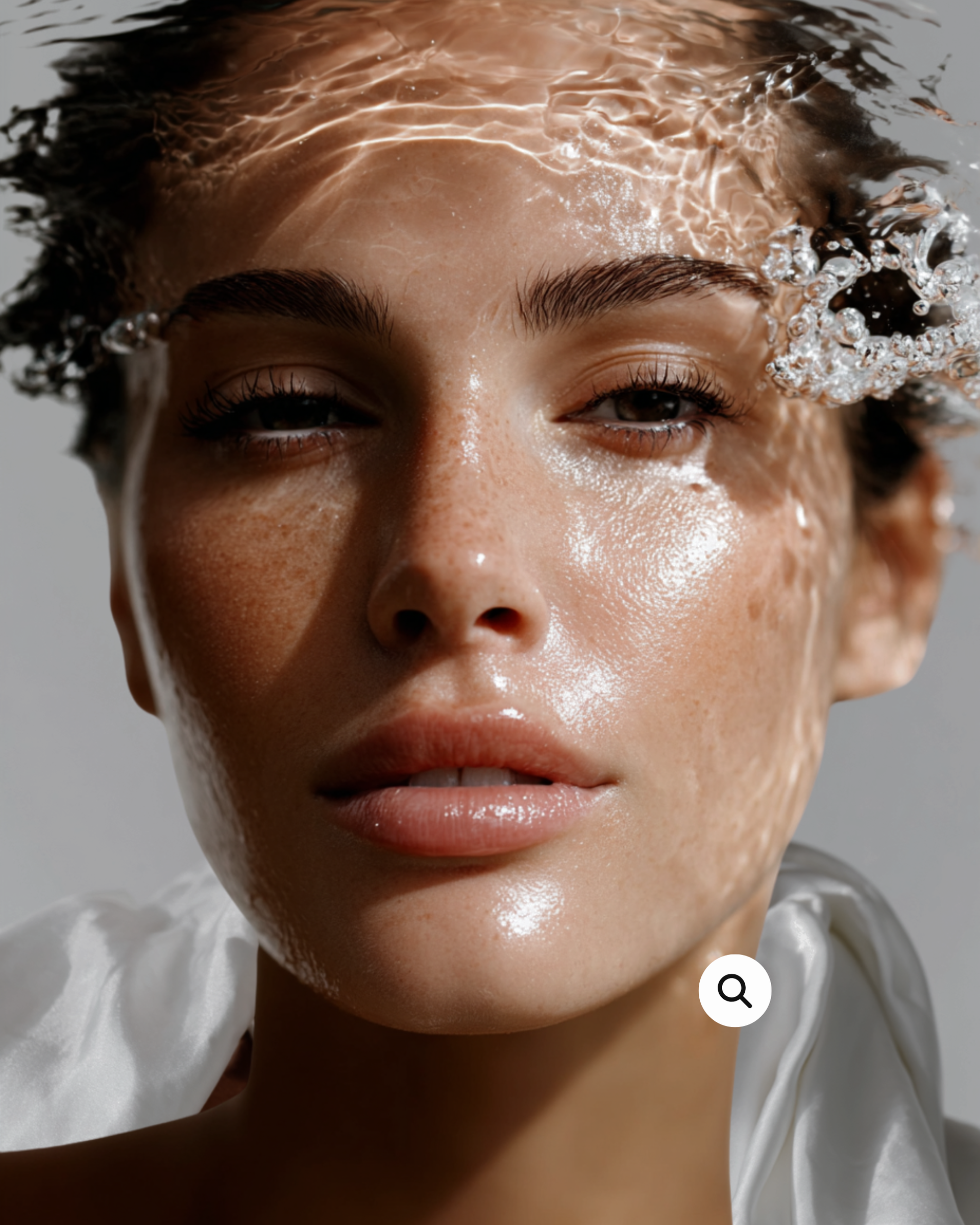 Close-up portrait of a person with wet skin and water splashing across the face, against a gray background