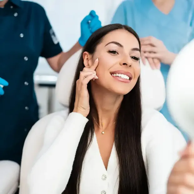 Smiling patient in a dental office, with dentists in blue scrubs behind her