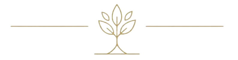 Minimal gold line-art plant logo centered between horizontal lines on a white background