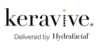 The logo for Keravive, with a vertical dotted line over the i and the text Delivered by Hydrafacial below.