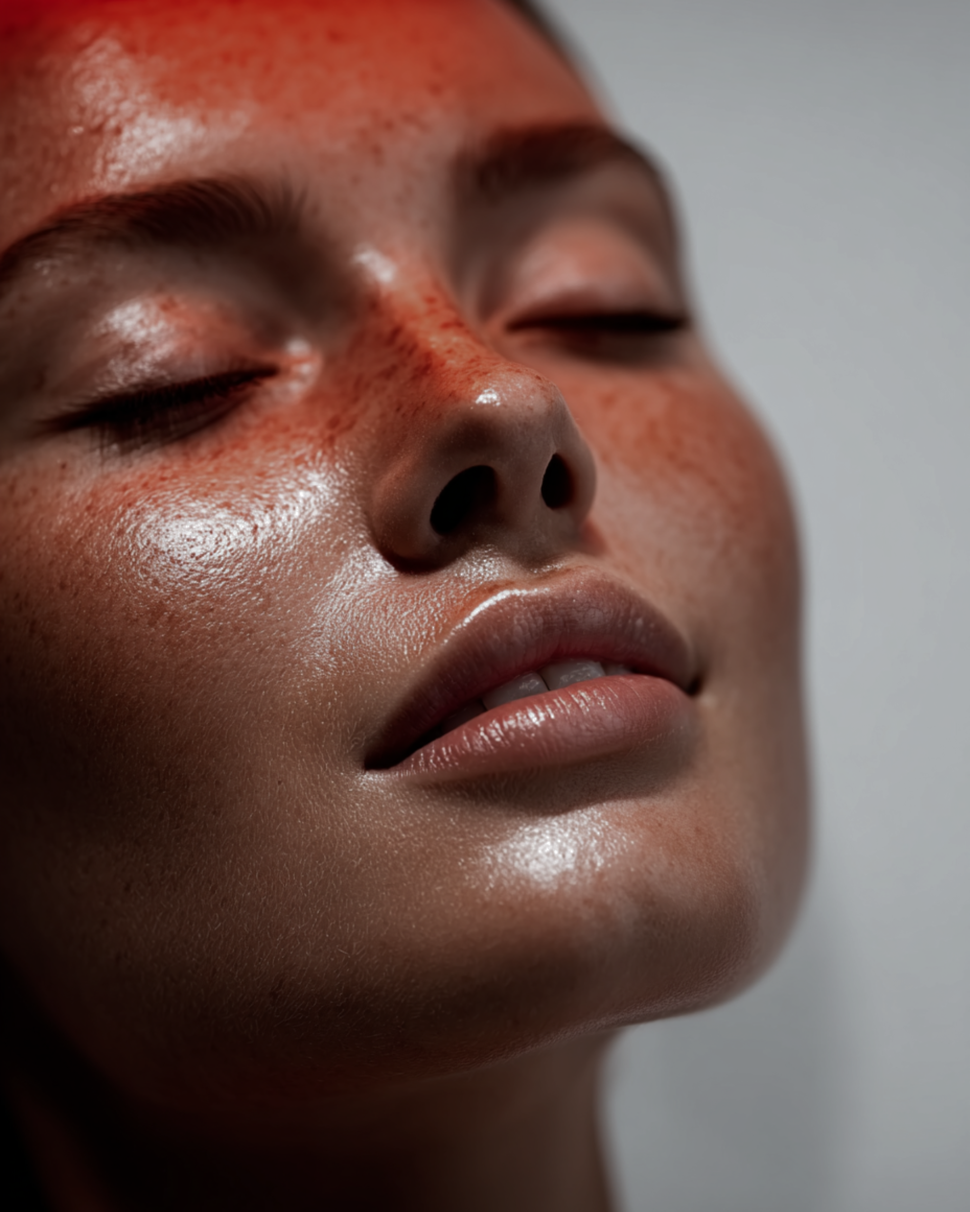 A person touching their face, highlighting skincare with a gentle expression against a light blue background.