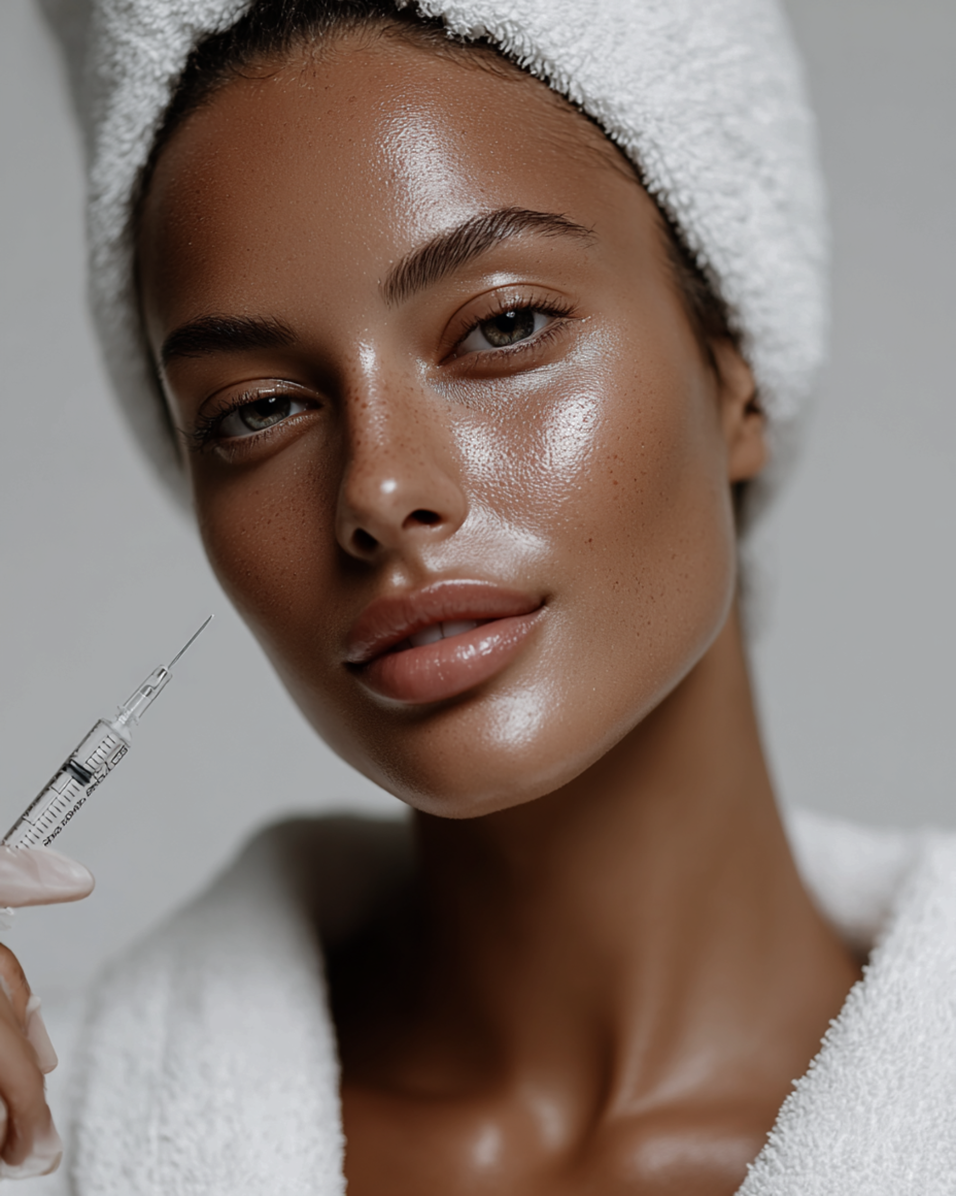 A person touching their face, highlighting skincare with a gentle expression against a light blue background.