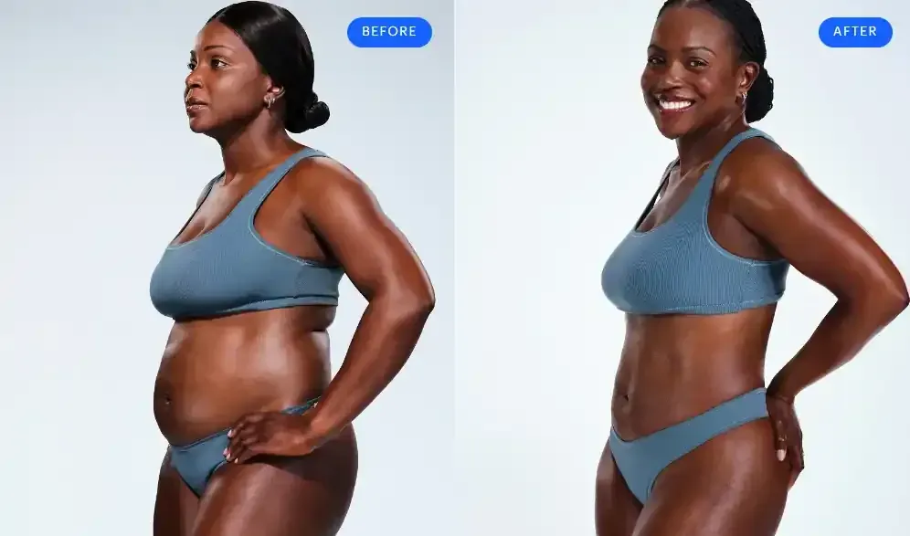 Side-by-side before-and-after fitness photos of a woman in blue underwear on a white background