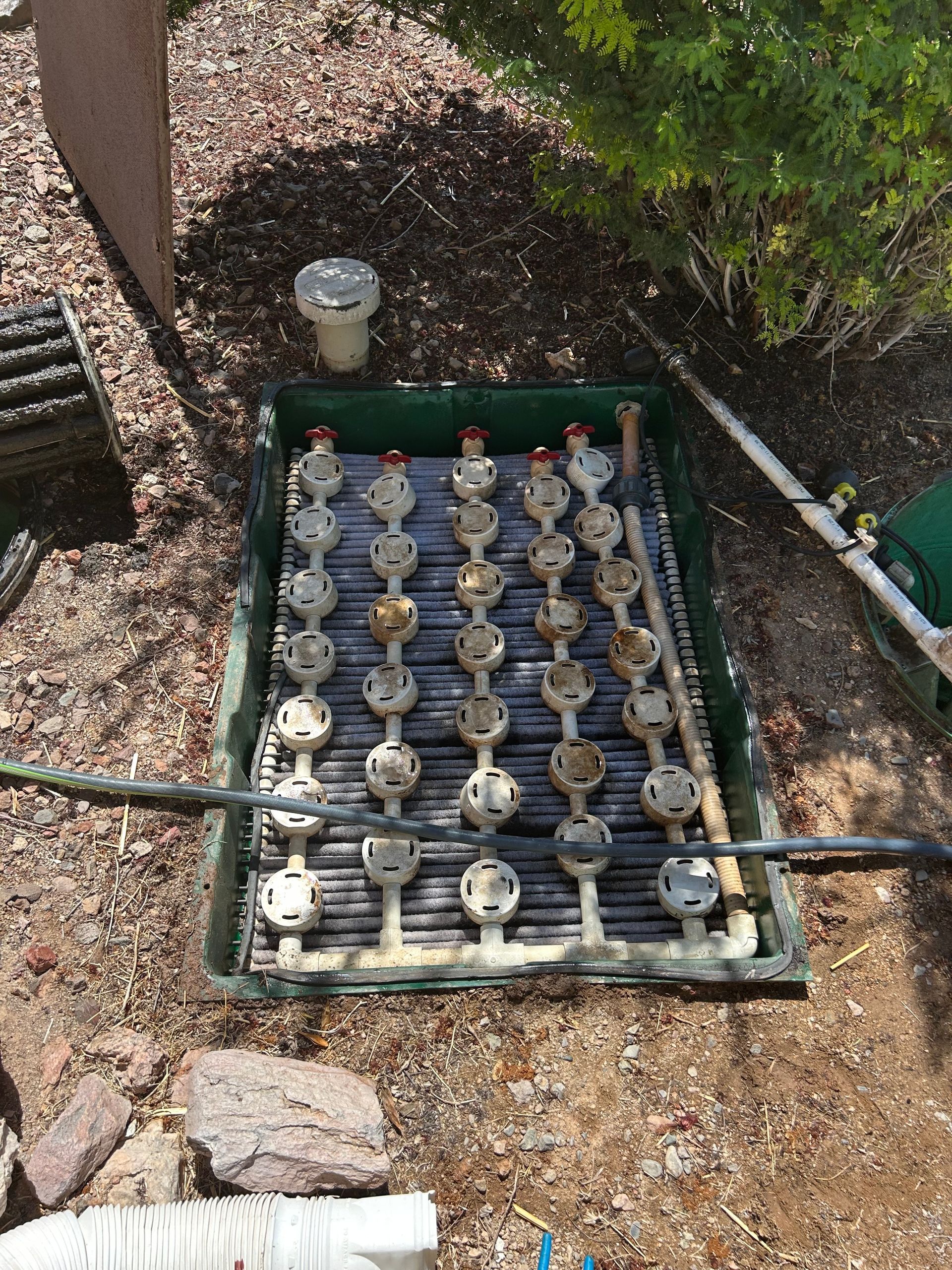 A green box with a bunch of holes in it is sitting on the ground.