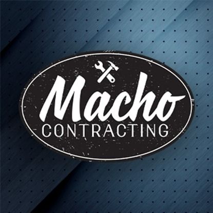 A logo for macho contracting with a wrench and hammer