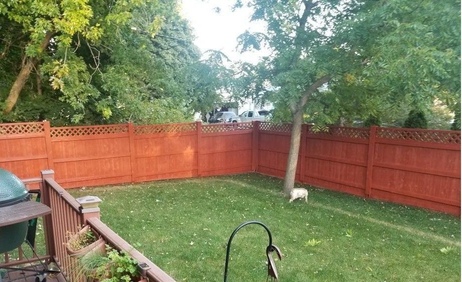 Red fenced backyard with a dog near a tree, grill in foreground.