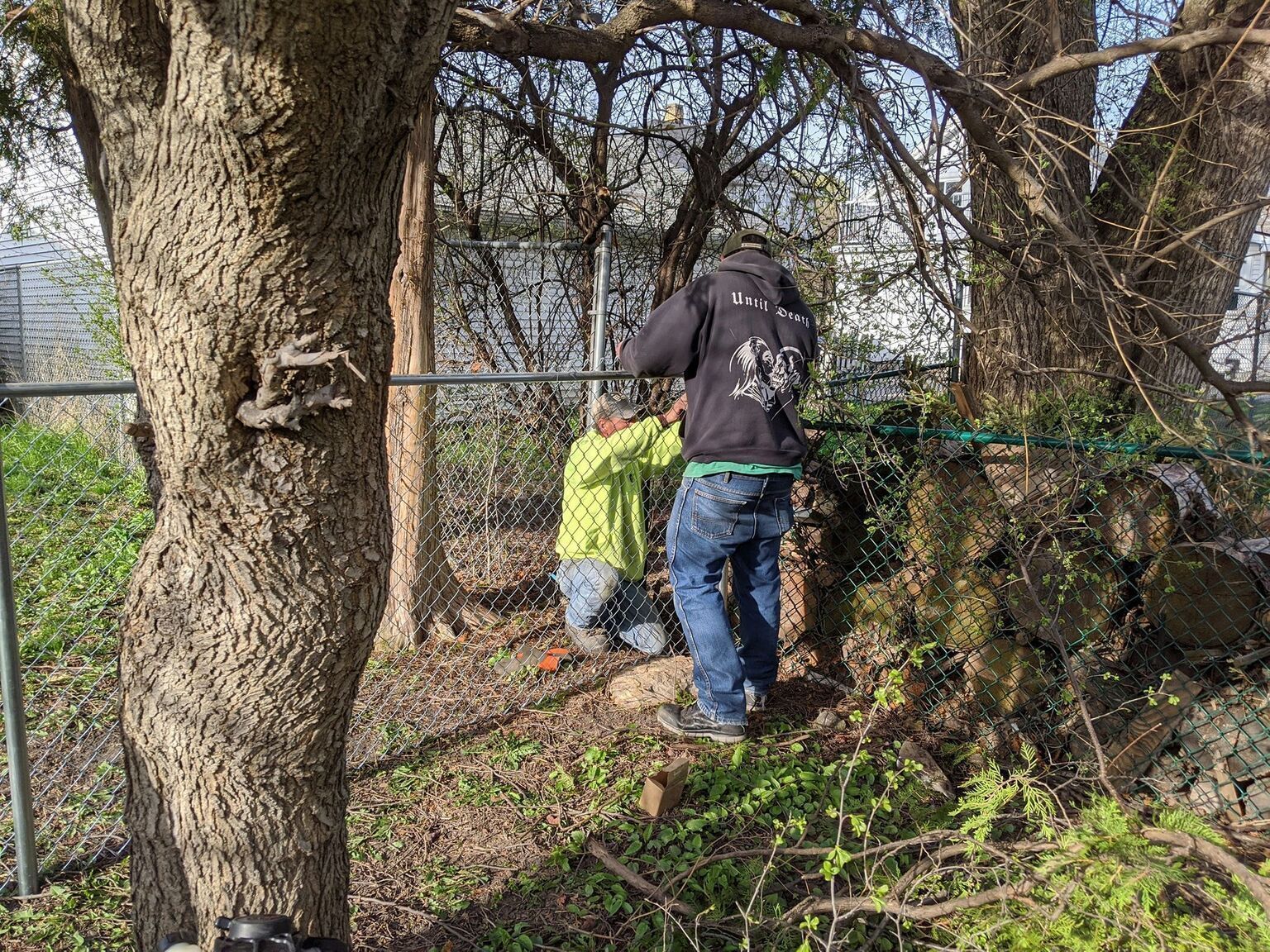 Two people repairing a chain link fence near trees. One kneels, the other stands. Green and brown vegetation surrounds the scene.