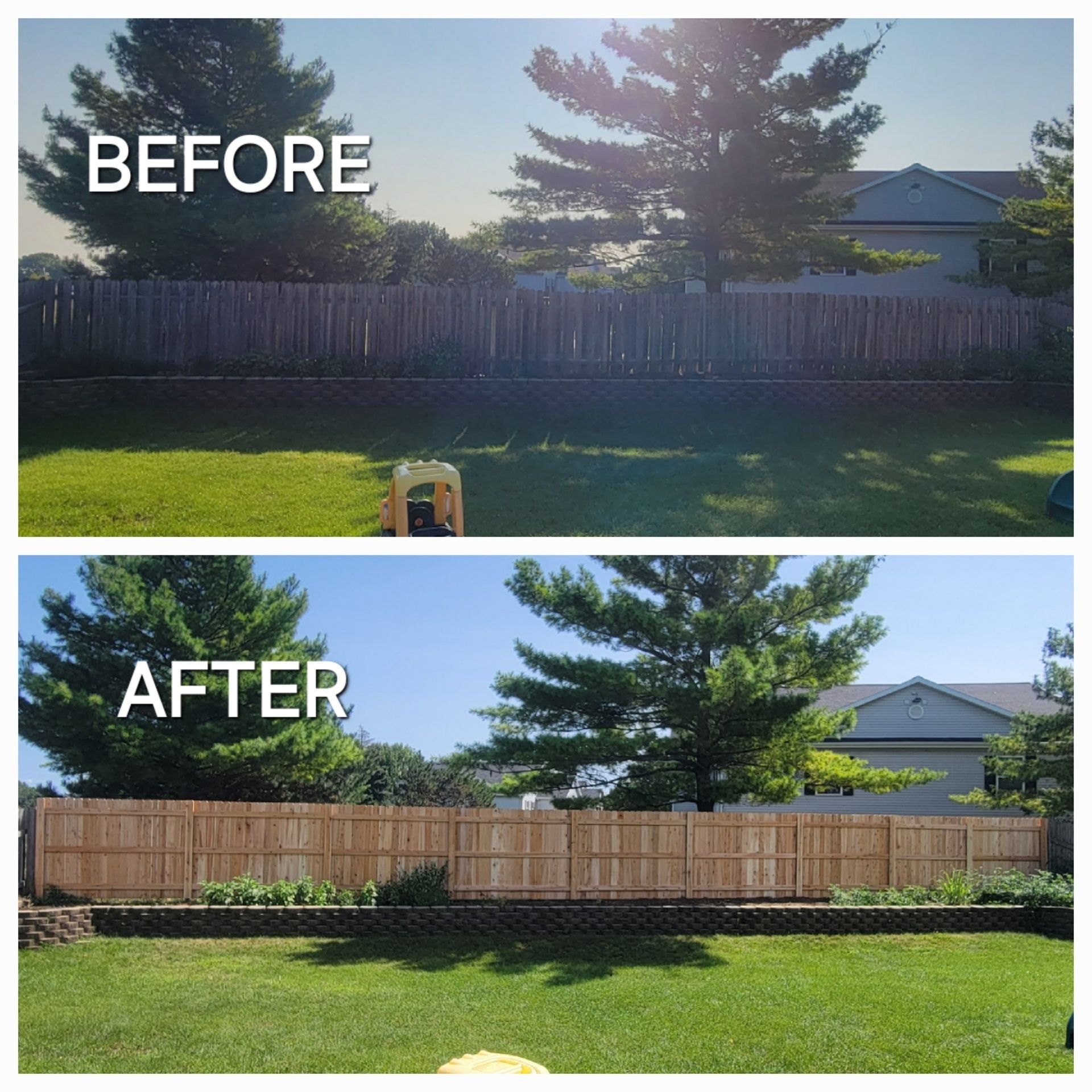 Comparison of a before and after view of a backyard fence. The before is weathered, and the after is new wood.