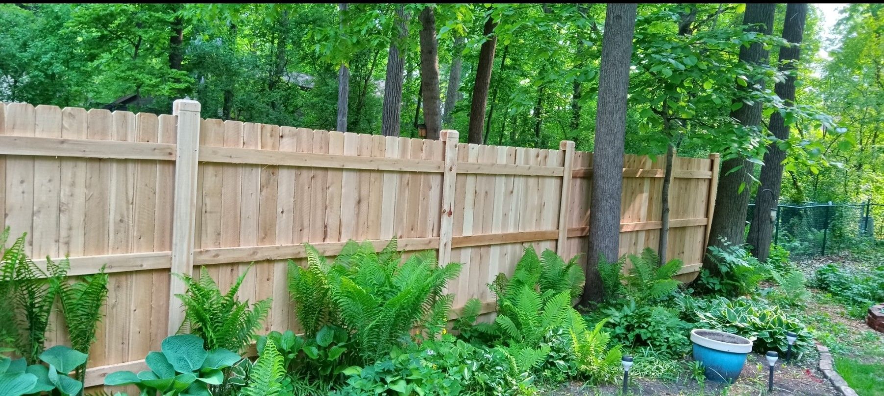 Wooden fence borders a garden with lush greenery and trees.