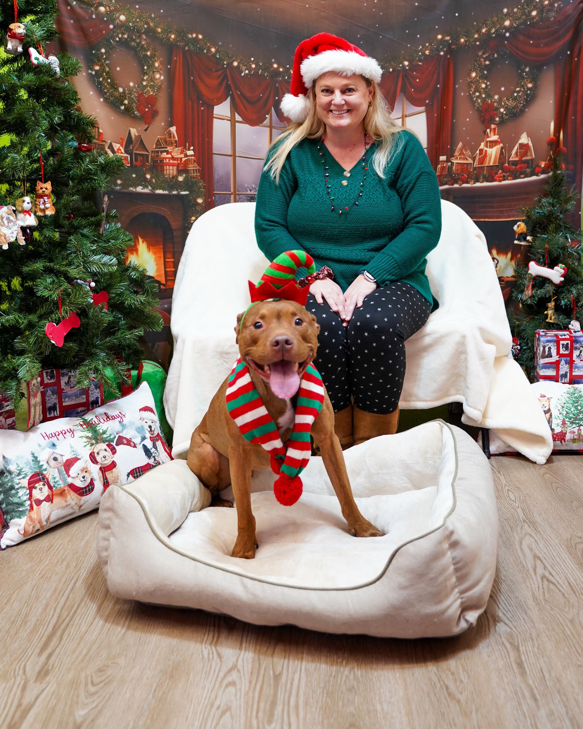 Woman and dog in Christmas hats. Dog sits in a bed; woman sits behind it in front of a festive backdrop.
