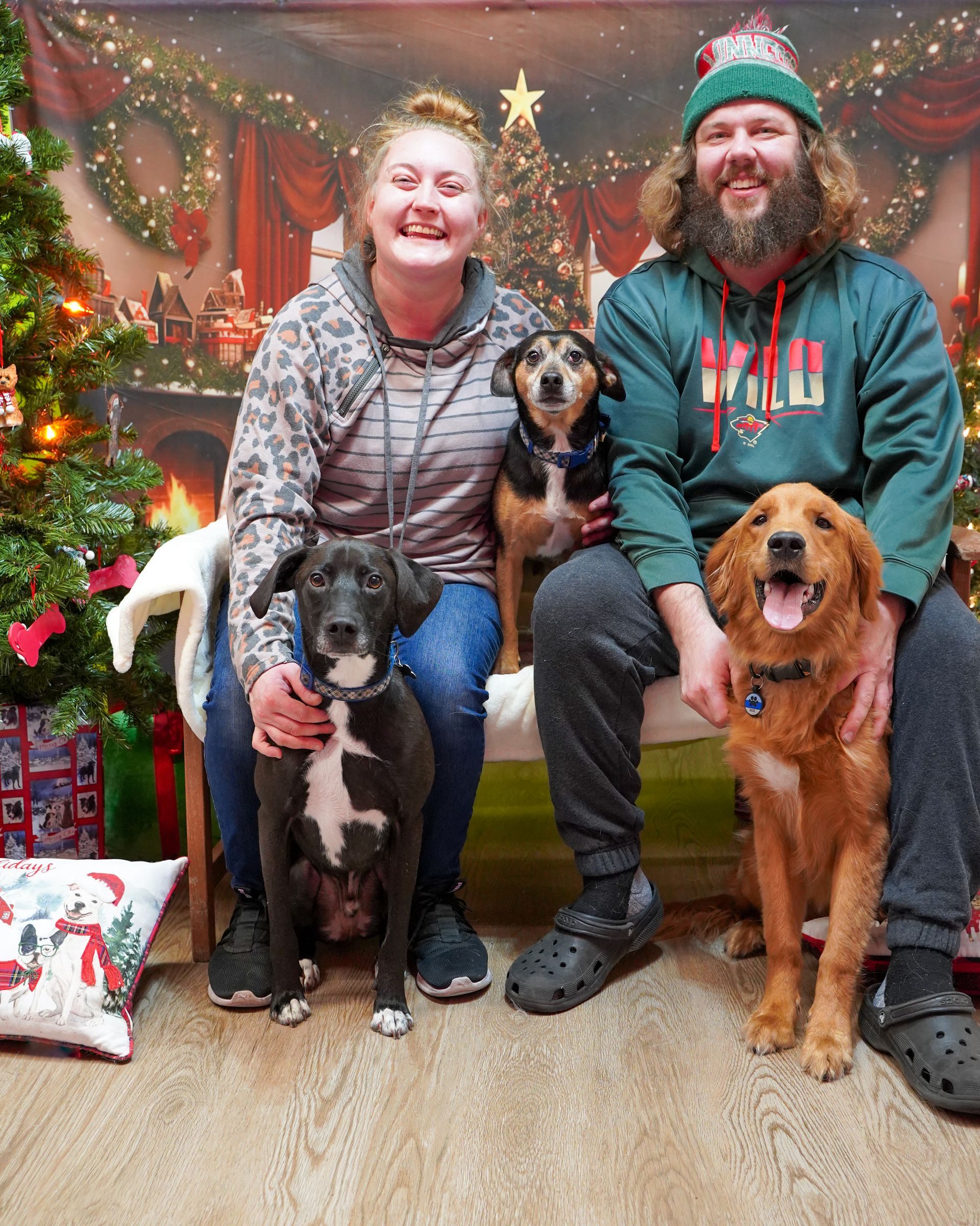Couple with three dogs in a Christmas-themed setting, posing for a photo.