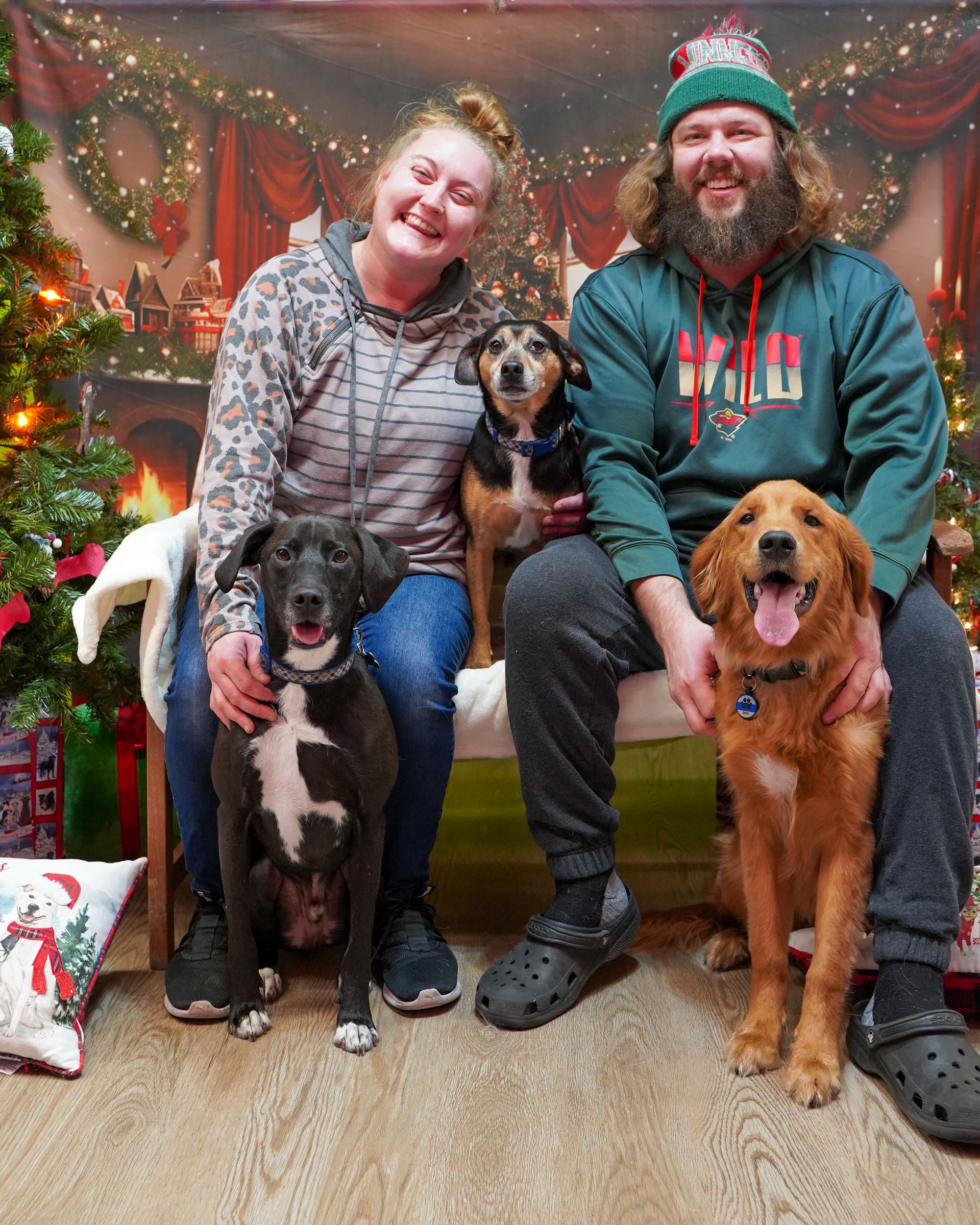Couple with three dogs in front of a holiday backdrop. One woman, one man seated with dogs.