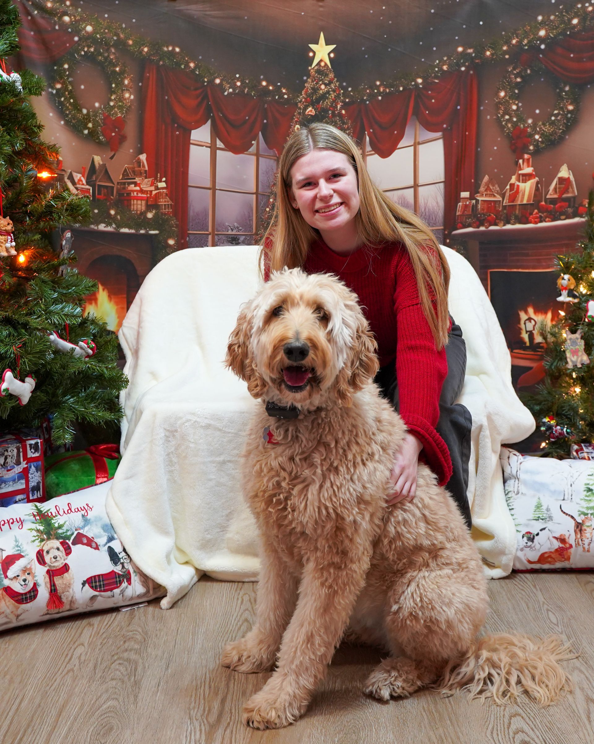 Woman in red sweater and Goldendoodle dog pose in front of a Christmas backdrop.