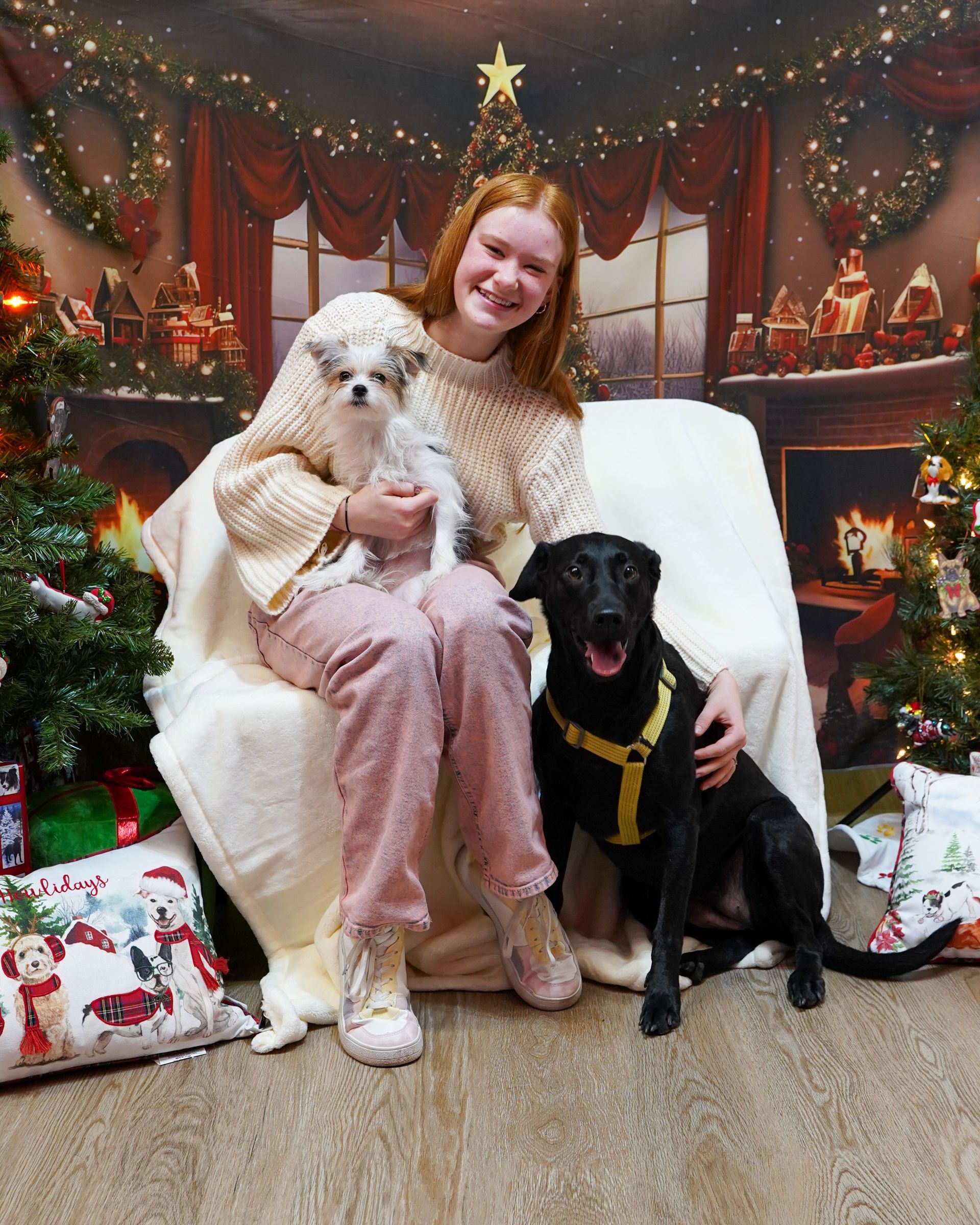 Woman sits with two dogs in front of a Christmas backdrop.