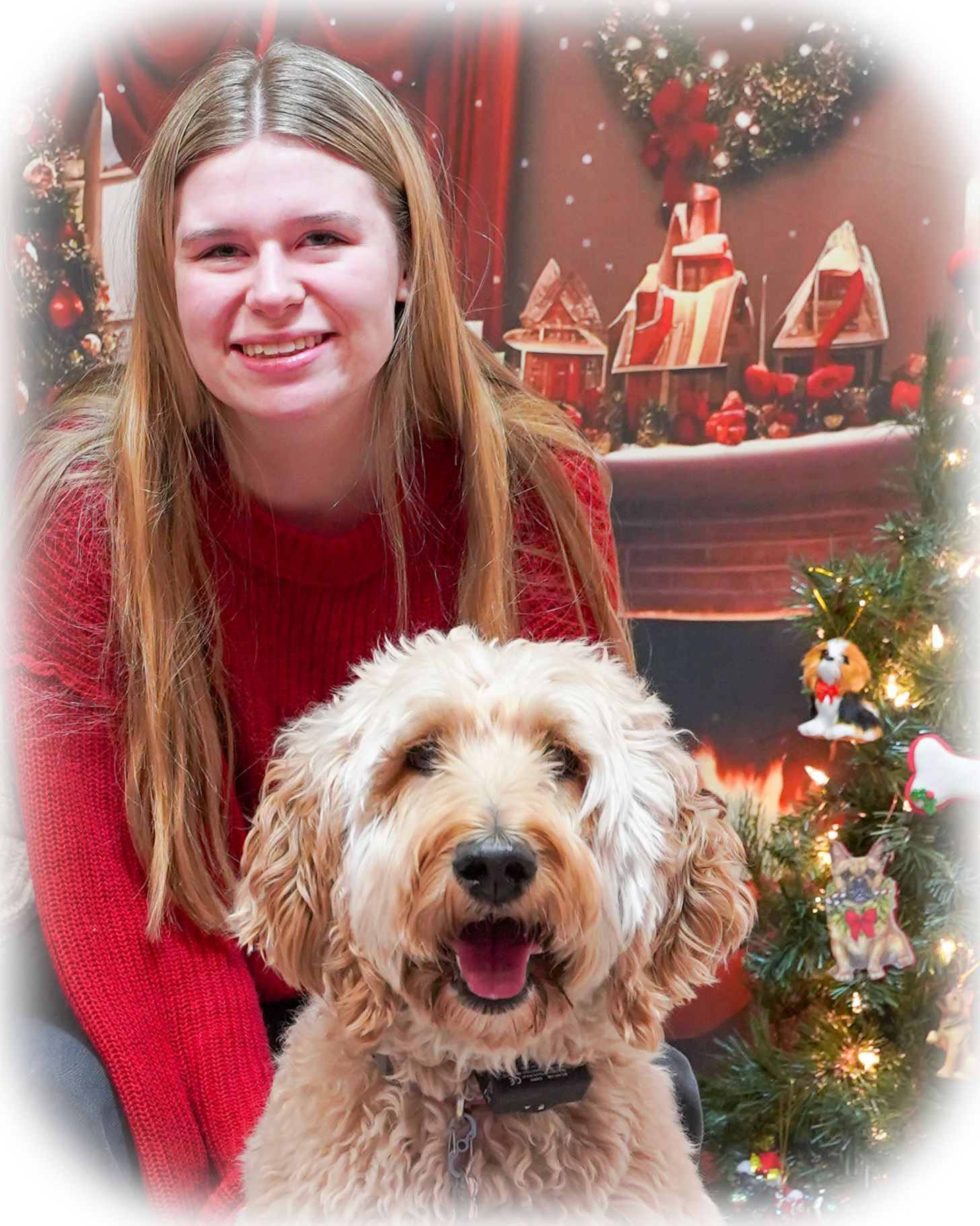 Woman in red sweater smiles with a golden doodle dog in front of a Christmas scene with a fireplace and Christmas tree.