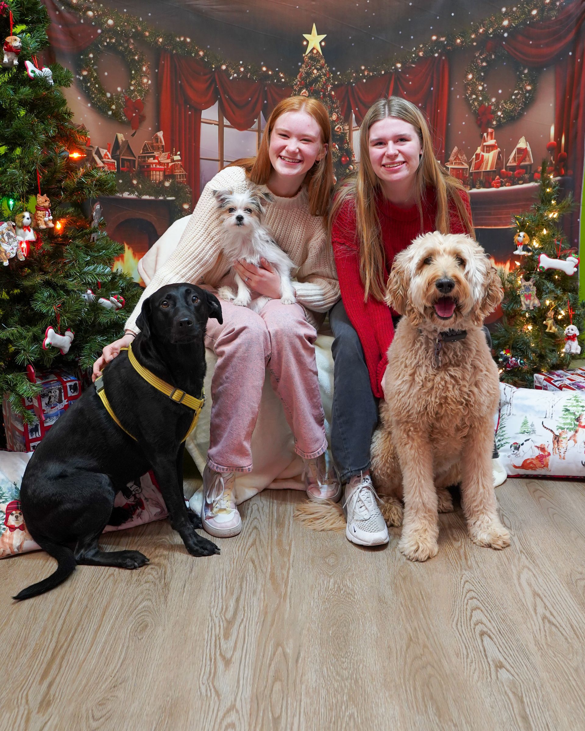 Two girls and three dogs pose in front of a Christmas backdrop.