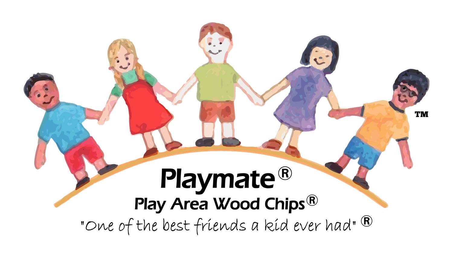 A playmate play area wood chips logo with a group of children holding hands