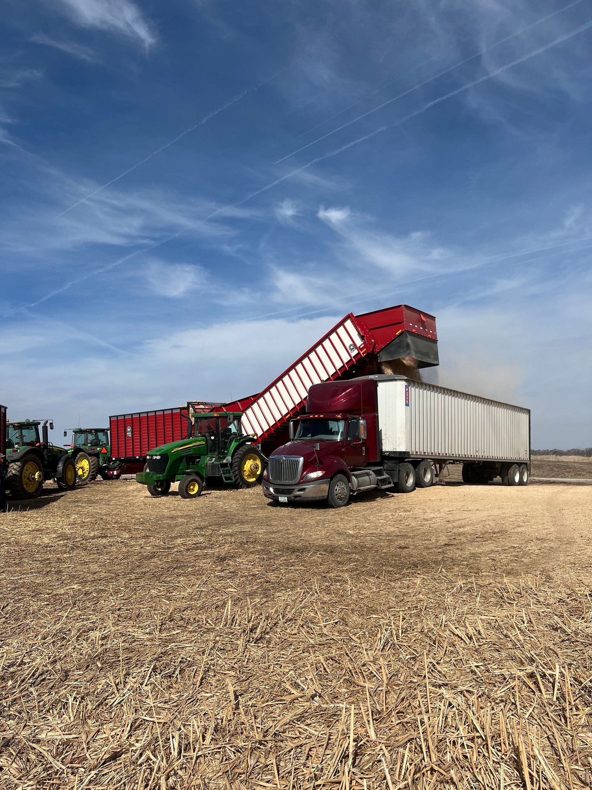 A truck is being loaded with grain in a field.