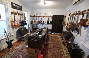 Inside the store with guitars and accessories