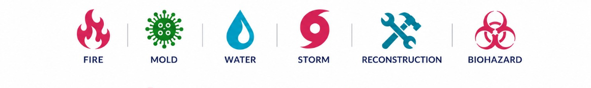 Five colored emergency symbols: fire, bacteria, water drops, a red swirl, tools, and biohazard icons on white.