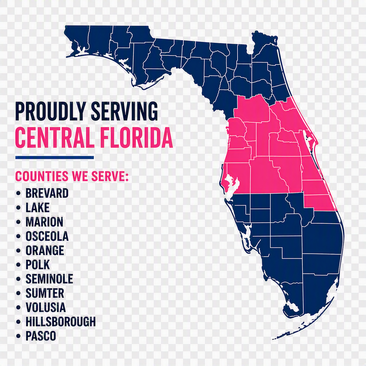 Map of Florida with blue and pink service areas and text Proudly Serving Central Florida.