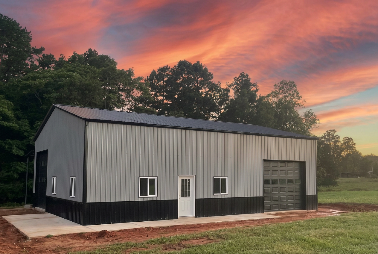 Gray metal garage building at sunset, with black trim, white doors, and trees in the background