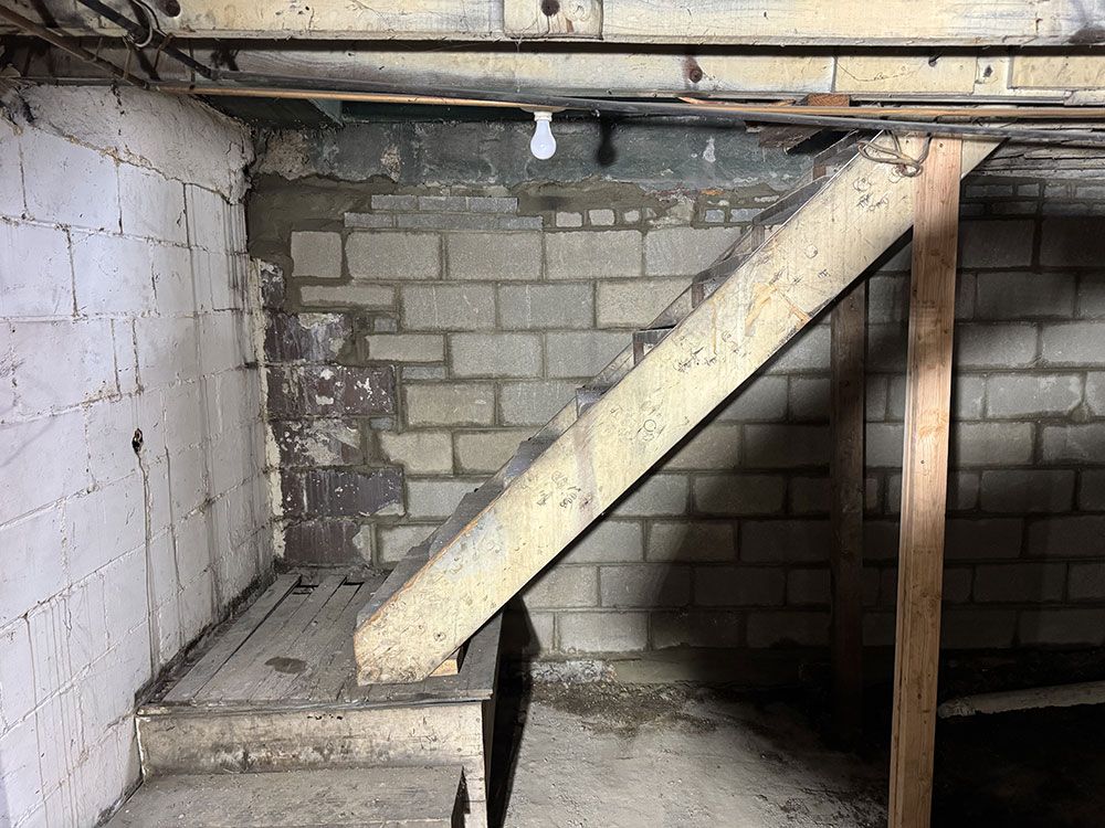 Basement stairs built into a block wall, leading to a concrete floor. A lightbulb hangs overhead.