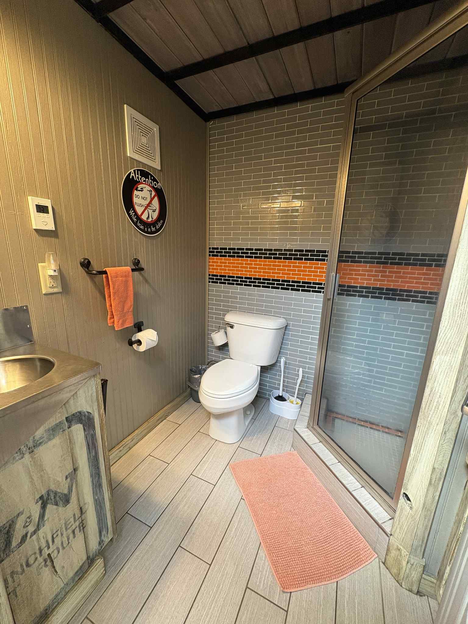 Bathroom with gray walls, white toilet, pink rug, and a tiled shower.