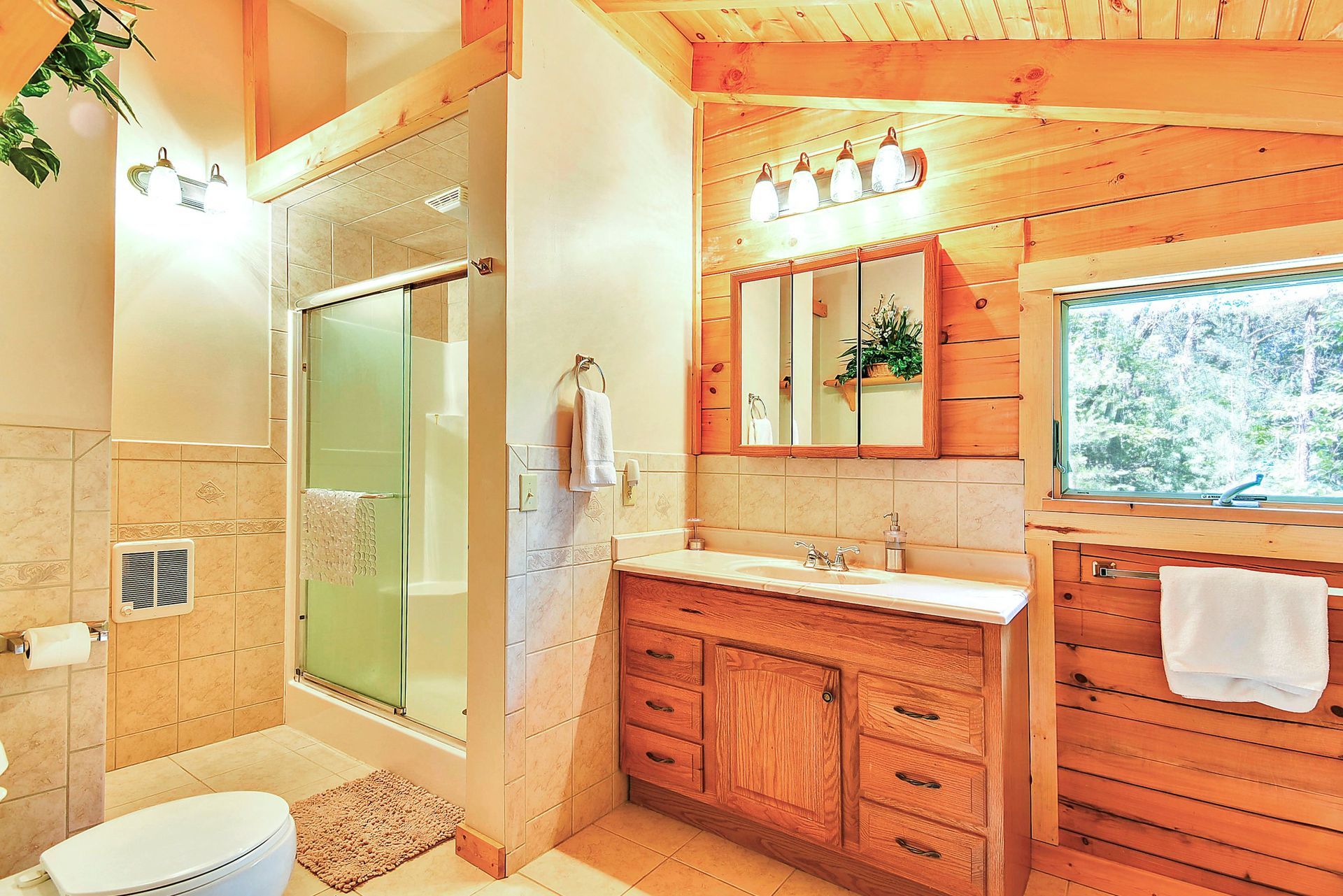 Bathroom with wood paneling, shower, vanity, and toilet; natural light from a window.
