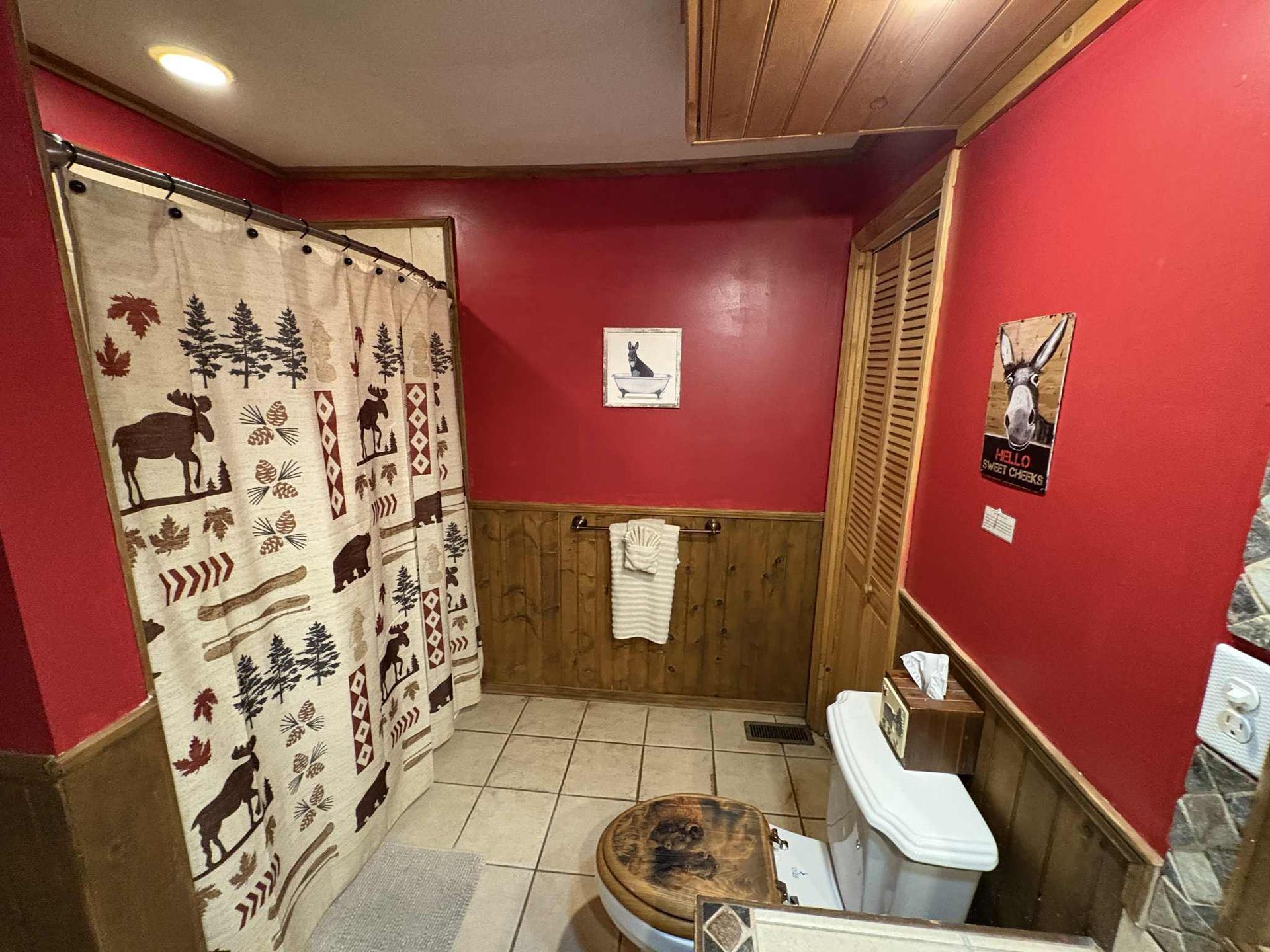 Rustic bathroom with red walls, wood paneling, and a shower curtain with animal illustrations.