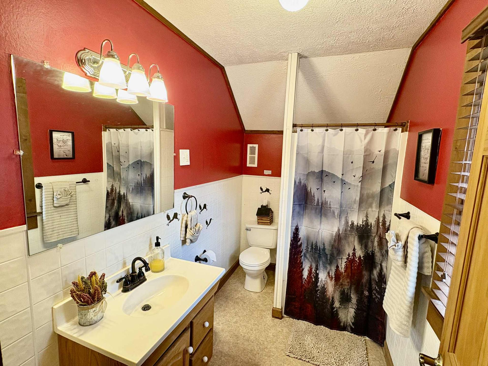 Bathroom with red walls, white wainscoting, a vanity, a mountain-scene shower curtain, and a large mirror.