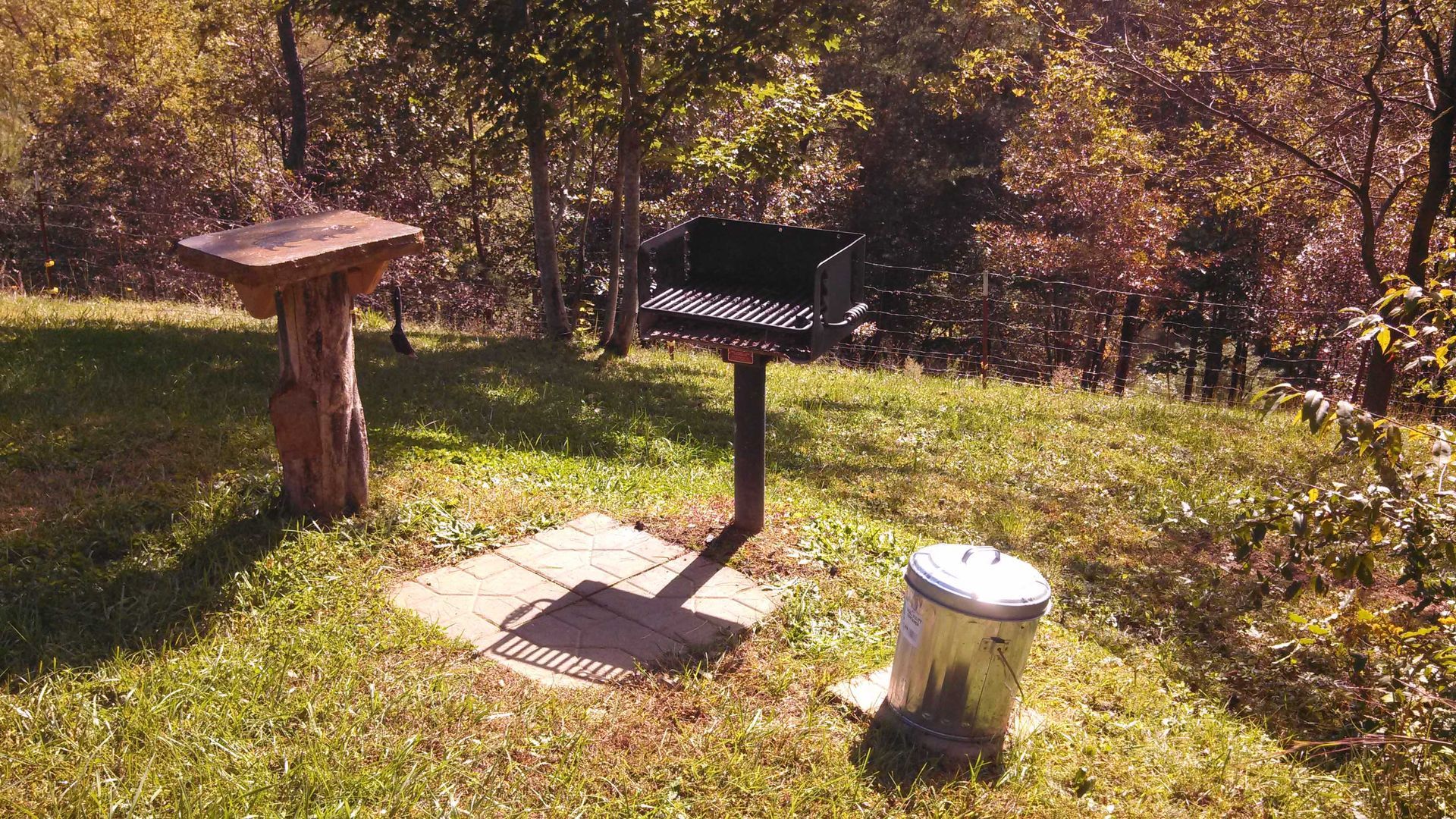 Picnic area: grill, trash can, and table on a grassy slope with trees in the background.