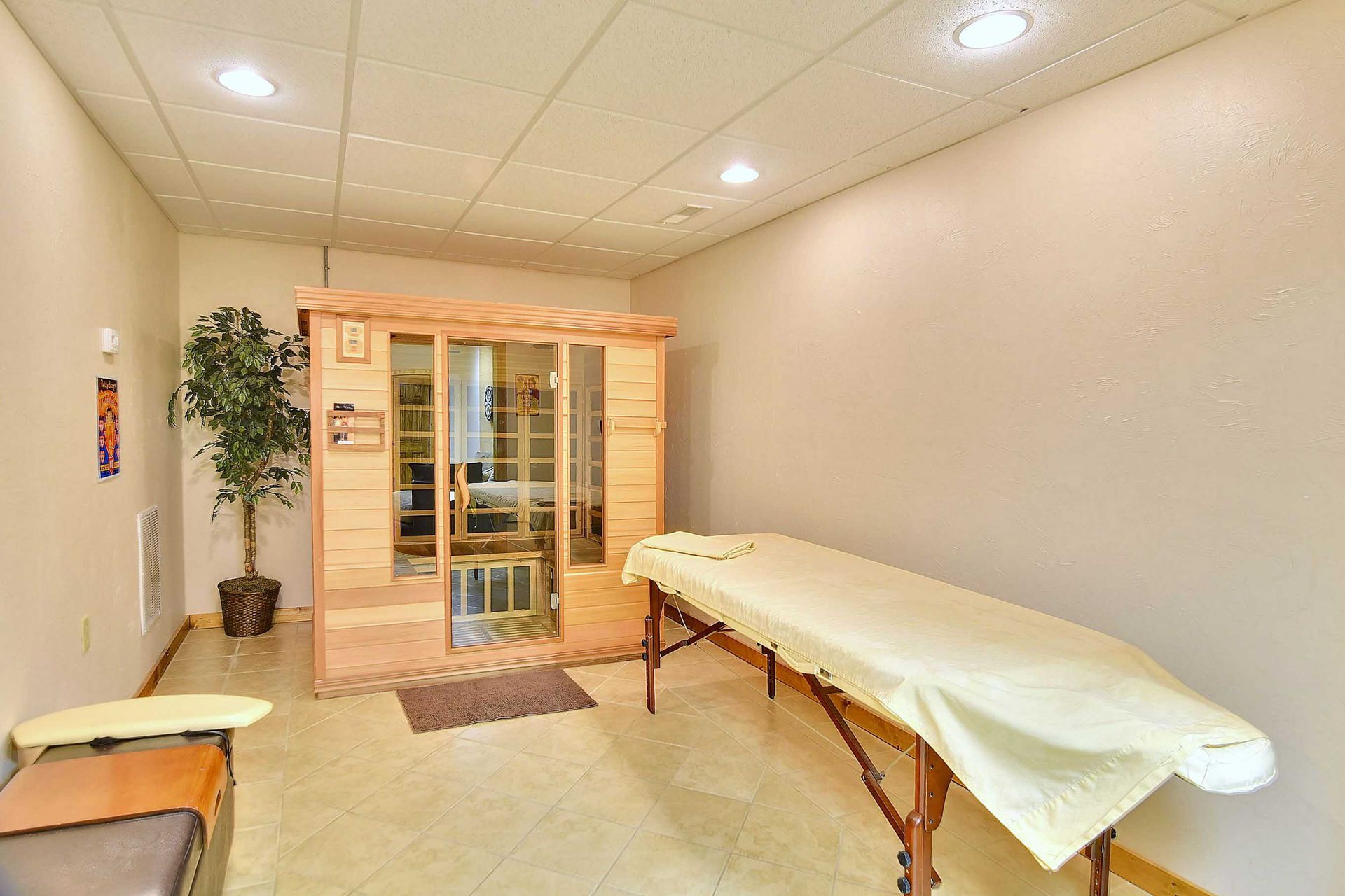 A spa room featuring a sauna, massage table, and a potted tree.