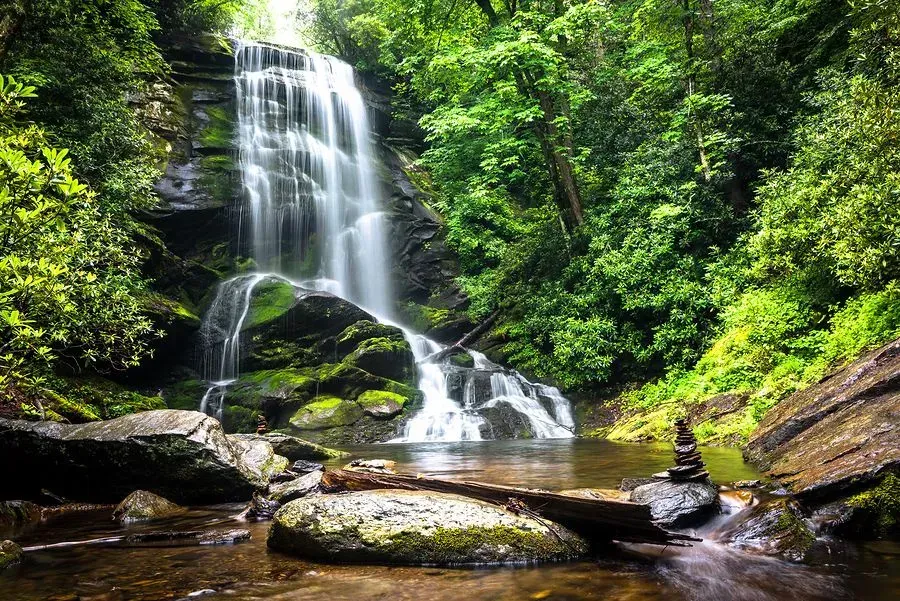 Waterfall cascading over rocks into a pool, surrounded by lush green foliage.