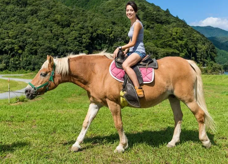 Woman rides a tan horse across a grassy field, mountains in the background.