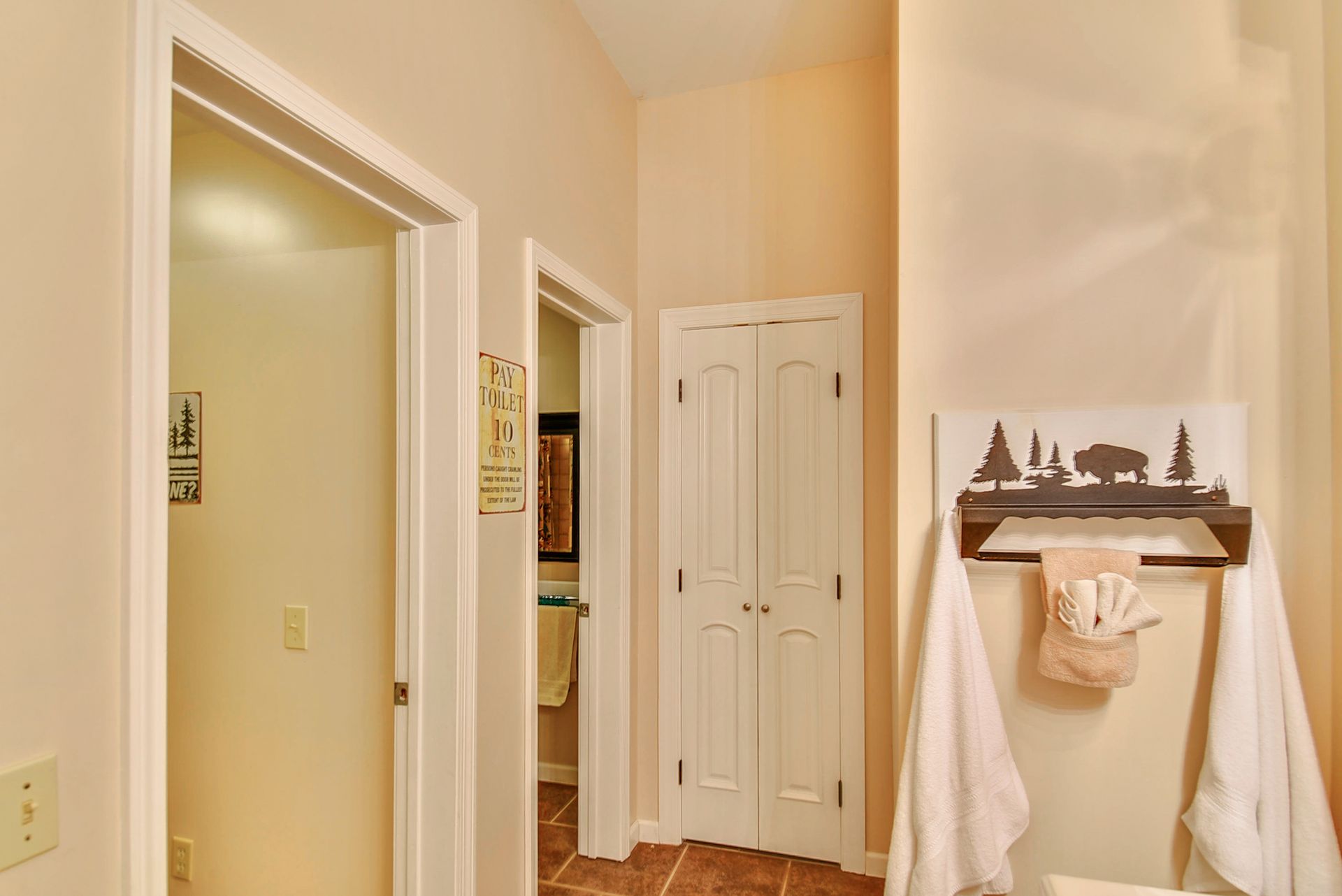 Hallway with three doors: bathroom, closet, and another room. Light tan walls and a decorative towel rack.