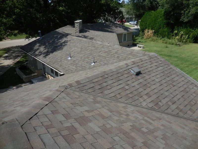 An aerial view of a roof of a house