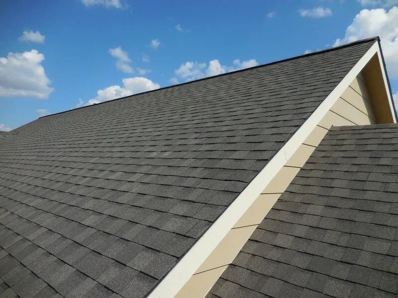 A roof with a blue sky in the background