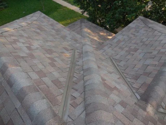 An aerial view of a roof with a tree in the background