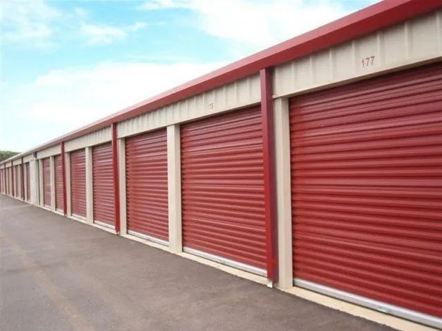 A row of red garage doors 