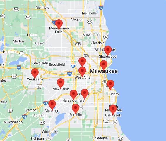 A map of Milwaukee with red dots on it