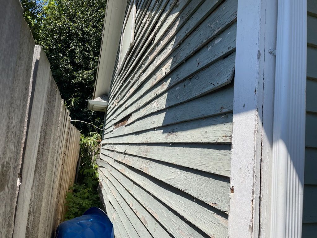 Narrow side yard between fences and a blue house exterior with white trim, lit by sunlight.